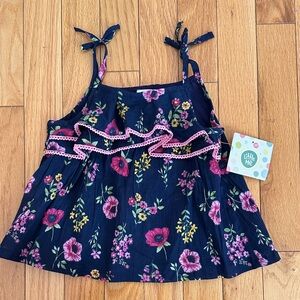 Little Me Navy Floral Ruffle Tank with Pink Trim